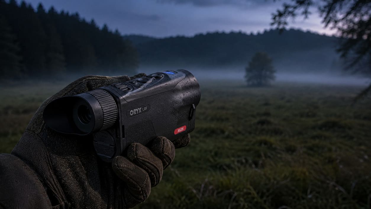 Pulsar Oryx LRF XG35 pri pozorovaní otvorenej lúky v noci
