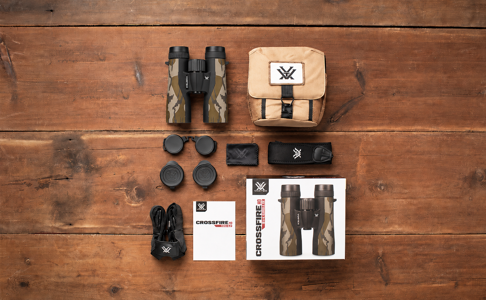 Obsah balenia Crossfire HD 10×42 Mossy Oak