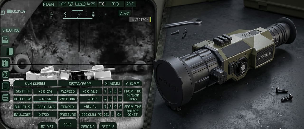 Nvectech Defender 660L — pohľad cez zameriavač s laserovým diaľkomerom a balistickým kalkulátorom