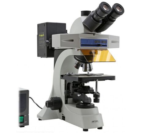 Optika Mikroskop B-510FL, trinokulárny, fluorescenčný HBO, modrý a zelený filter, W-PLAN IOS, 40×–400×