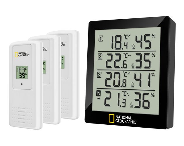 Digitálny termo-hygrometer NATIONAL GEOGRAPHIC pre 4 zóny – čierny