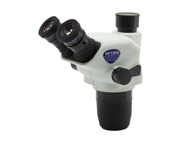 Optika Stereohlava SZO-T, trinokulárna, 6,7×–45×, pracovná vzdialenosť 110 mm, Ø23 mm, click stop